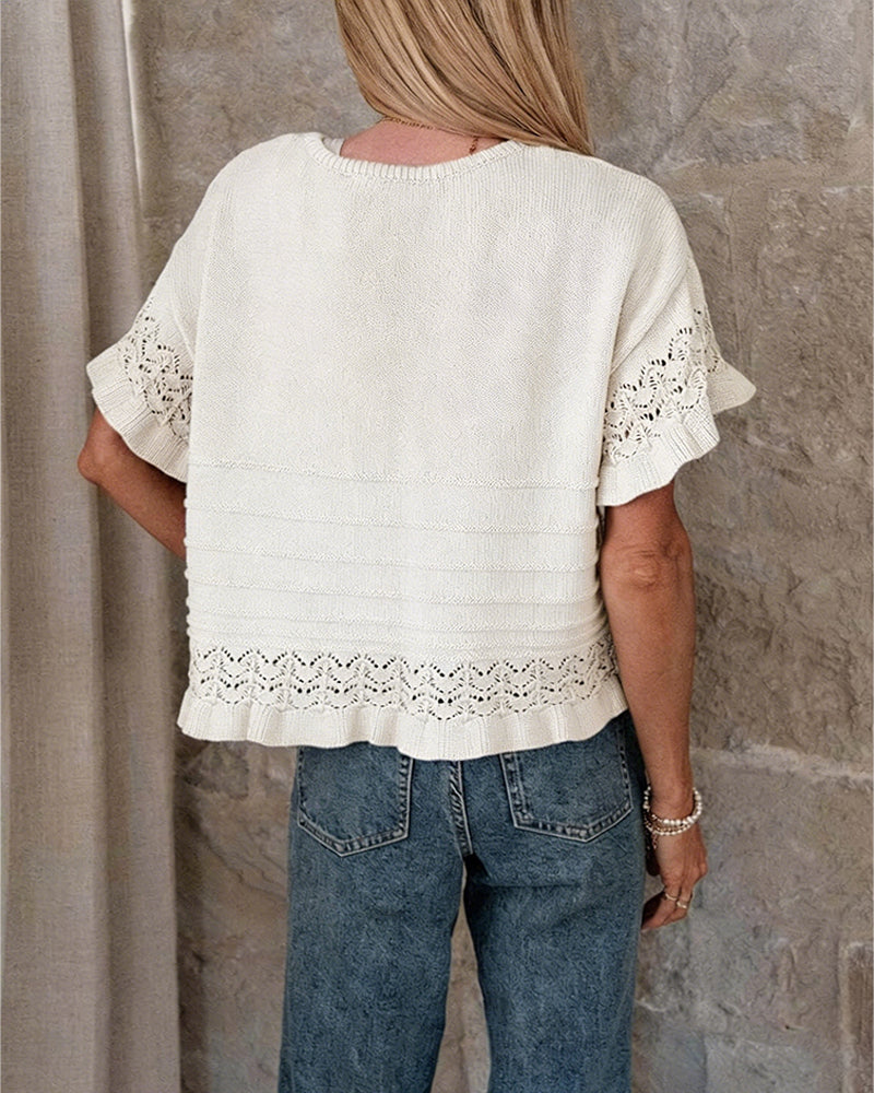 Round Neck Ruffled Hem Hollow Out Blouse