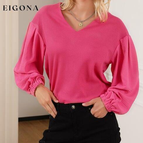 Waffle -Knit V-Neck Long Sleeve Blouse Hot Pink clothes long sleeve top Ship From Overseas shirt shirts SYNZ top tops