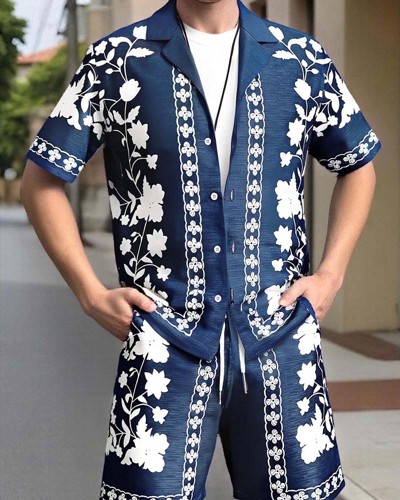 Men's Blue Porcelain Button Front Short Sleeve Set