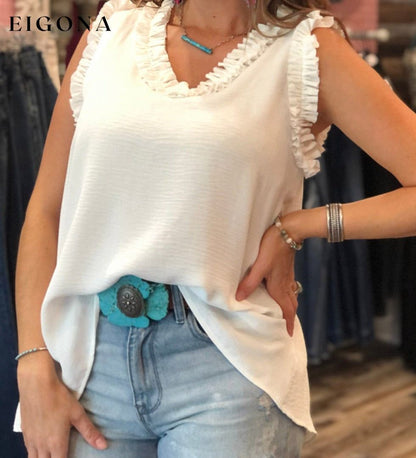 Beige Frilled Trim V Neck Tank Top All In Stock clothes Detail Ruffle Occasion Daily Print Solid Color Season Summer shirt shirts short sleeve Style Southern Belle tank top top tops trend