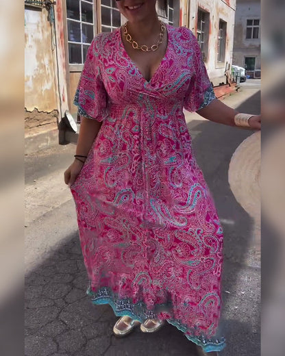 V-Neck Printed Waist Dress