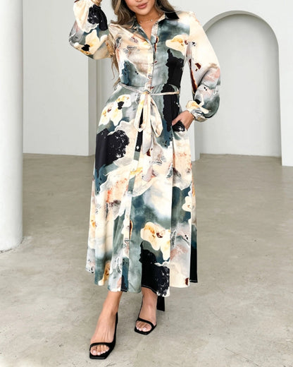 Elegant printed lapel lace-up long-sleeve dress 202466 casual dresses spring summer