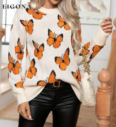 Butterfly Round Neck Long Sleeve Butterfly Sweater Ivory B&S Clothes Ship From Overseas Sweater sweaters Sweatshirt