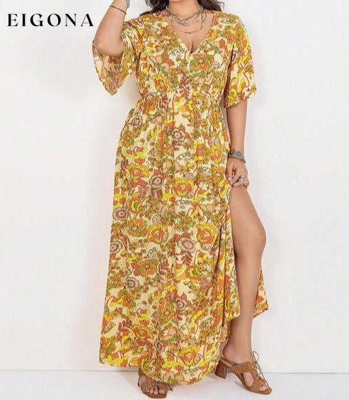 Floral V-Neck Short Sleeve Slit Dress Banana Yellow Clothes H.R.Z Ship From Overseas