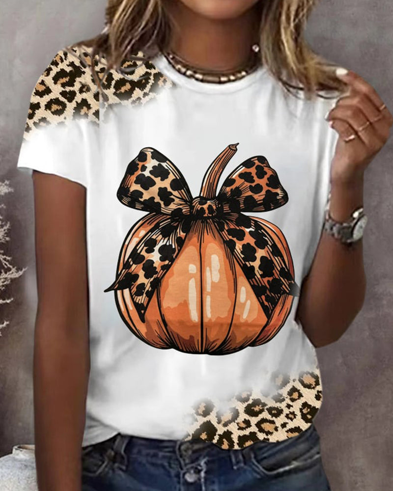 Women's Halloween Leopard Print Pumpkin Print Casual V-Neck T-Shirt 2024 f/w halloween spring summer t-shirts