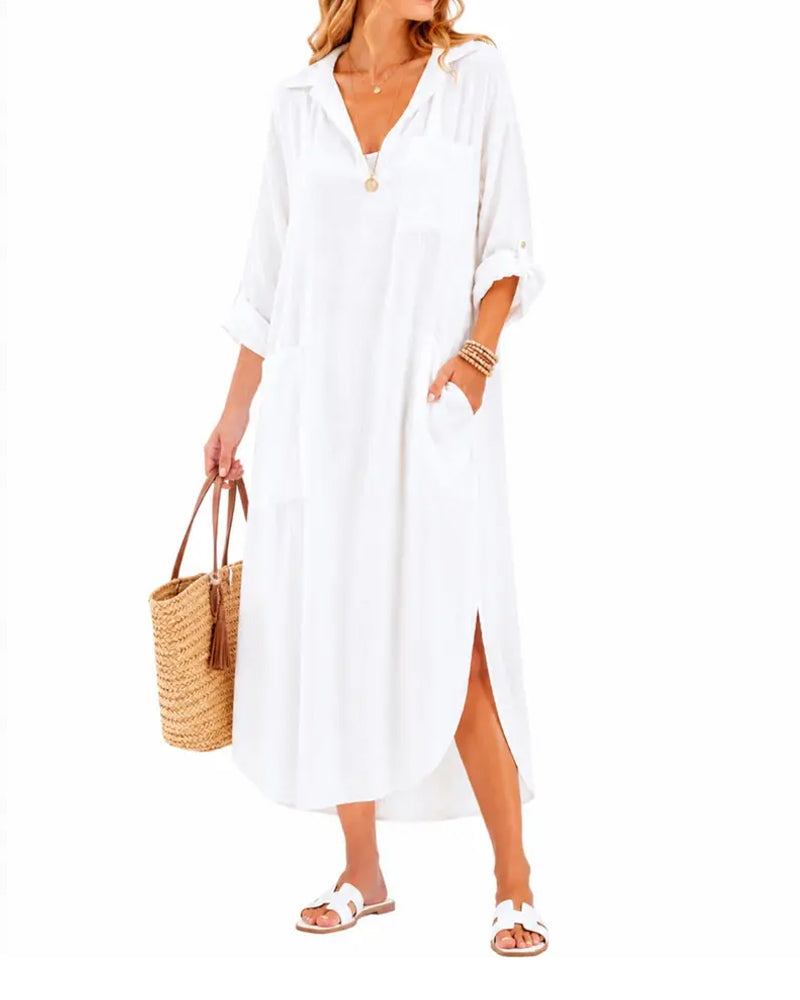 Lapel V-Neck Pocket Slit Dress autumn casual dresses spring