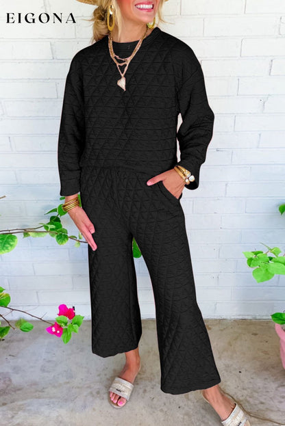 Black Solid Quilted Pullover and Pants Outfit Black 95%Polyester+5%Elastane All In Stock Best Sellers clothes Craft Quilted EDM Monthly Recomend Hot picks Occasion Home Print Solid Color Season Winter Silhouette Wide Leg Style Casual