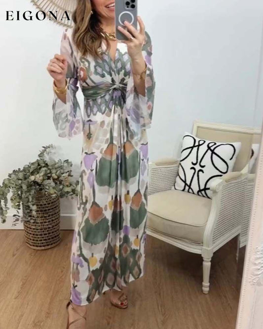 Elegant printed V-neck flare sleeves long dress casual dresses spring summer vacation dresses