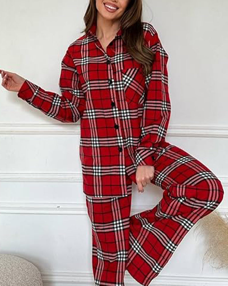 Cozy plaid long sleeve buttons lapel pajama set 2024 f/w christmas two-piece sets