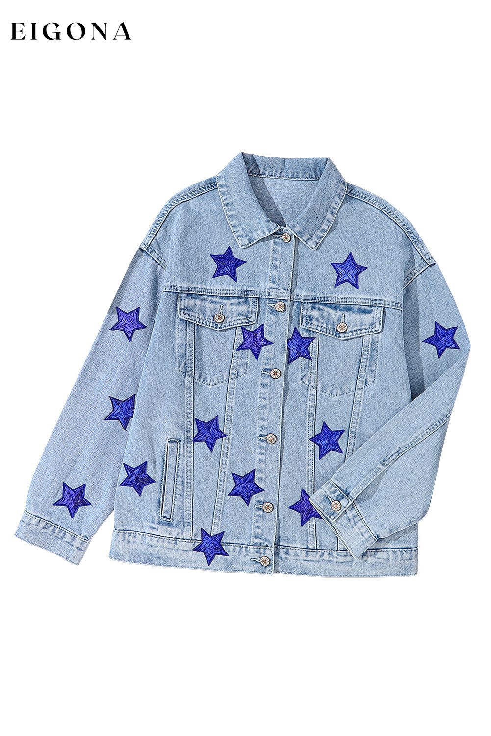 Bluing Sequin Star Flap Pocket Denim Jacket All In Stock Category Shacket clothes Color Blue Craft Sequin EDM Monthly Recomend Fabric Denim Hot picks Occasion Daily Season Fall & Autumn Style Western