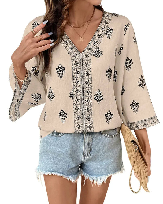 V-Neck Ethnic Loose Blouse blouses & shirts spring summer