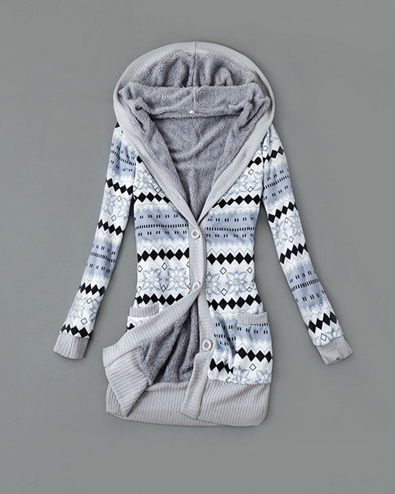 Printed Hooded Button Down Coat