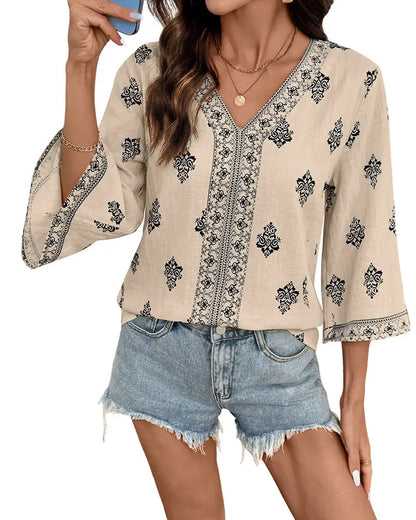 V-Neck Ethnic Loose Blouse