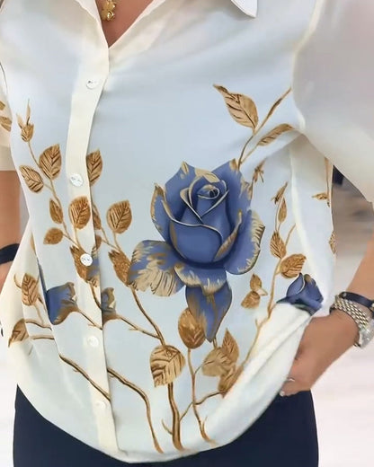 Lapel Puff Sleeve Button-Down Blouse