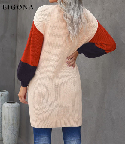 Color Block Rib-Knit Longline Cardigan with Front Pockets cardigan clothes long sleeve Ship From Overseas SYNZ