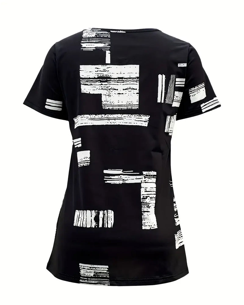 Half-Zip Printed Short-Sleeved Blouse