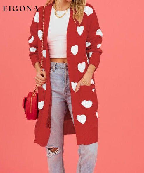Heart Graphic Open Front Cardigan with Pockets Sweater Red cardigan cardigans clothes SF Knit Ship From Overseas Sweater sweaters