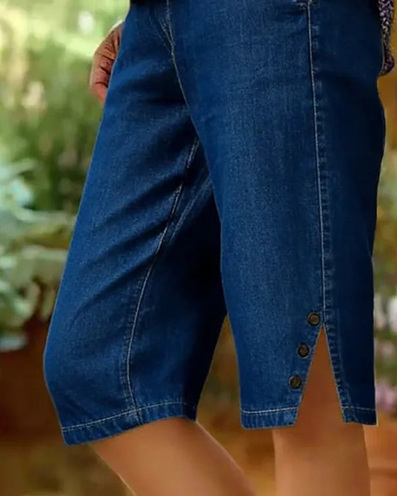 Straight-Leg Denim Cropped Shorts
