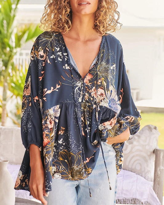Casual floral print lace-up patchwork blouse 202466 blouses & shirts spring summer