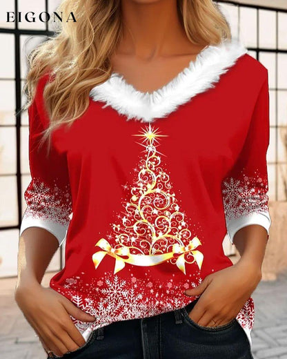 Plush v-neck christmas tree print top Red 2023 f/w 23BF blouses & shirts christmas Clothes