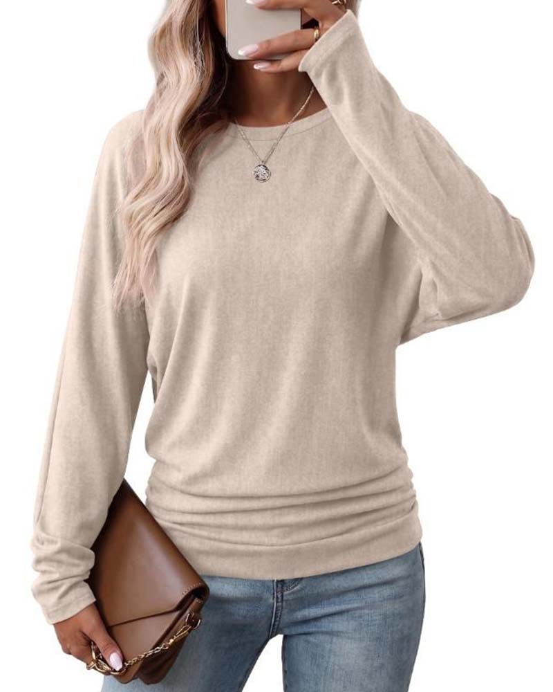 Crew Neck Solid Long Sleeve Top 2024 f/w blouses & shirts