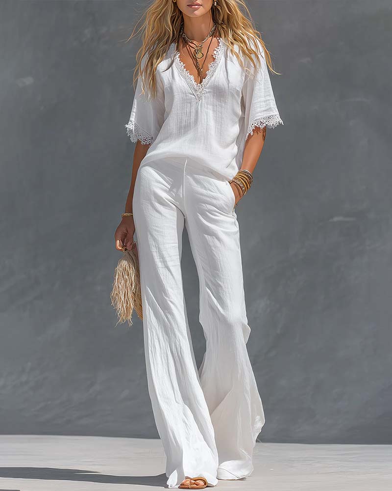 Lace V-Neck Bell Sleeve Fashion Set