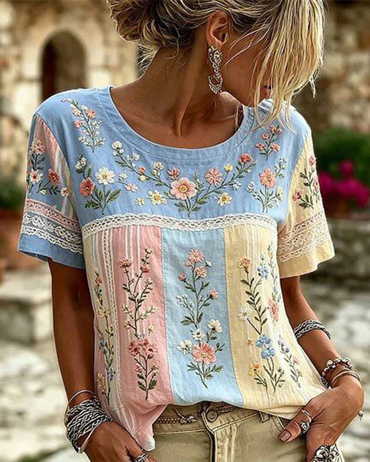 Crew Neck Patchwork Floral Blouse blouse&shirts spring summer