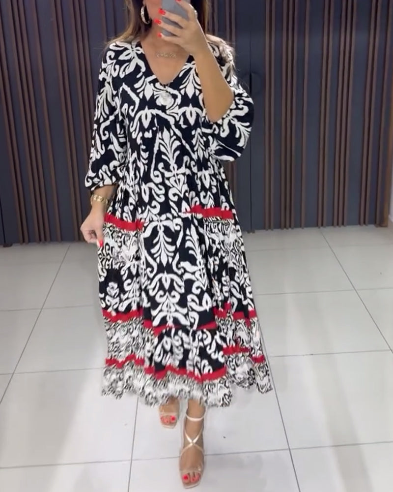 Retro print wide V-neck dress casual dresses spring summer