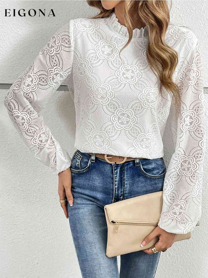 Eyelet Round Neck Long Sleeve Blouse clothes HS Ship From Overseas