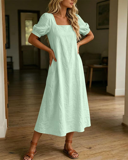 Square Neck Puff Sleeve Pocket Dress