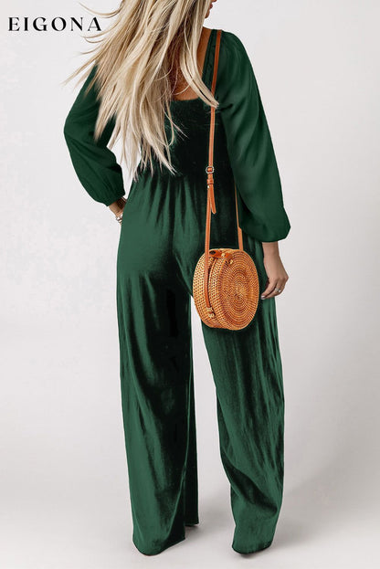 Green Smocked Square Neck Long Sleeve Wide Leg Jumpsuit All In Stock Best Sellers clothes Craft Smocked Occasion Daily pants Print Solid Color Season Fall & Autumn Silhouette Wide Leg Style Southern Belle wide leg jumpsuit