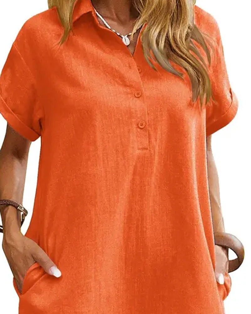Lapel Button Split Short Sleeve Casual Dress casual dresses spring summer