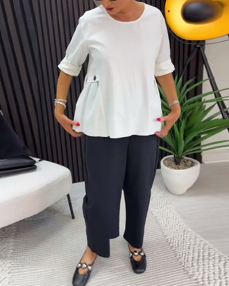 Ruched Pocket Accent Long Sleeve Blouse