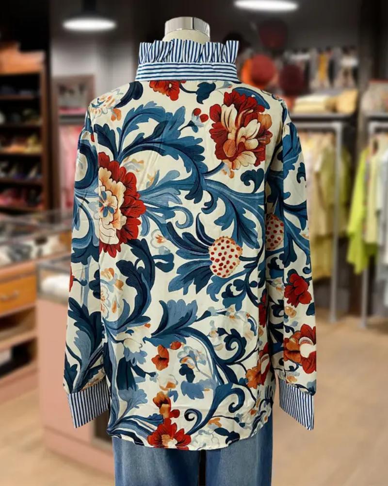 Vintage Floral Patchwork Stripe Lapel Blouse