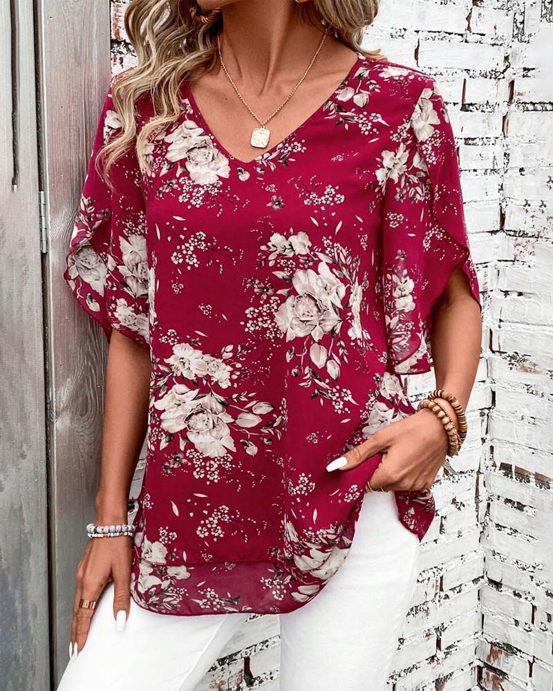 V-Neck Printed Double-Layer Short-Sleeved Blouse