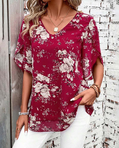 V-Neck Printed Double-Layer Short-Sleeved Blouse