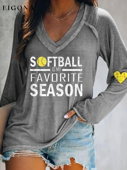 Women's Softball Is My Favorite Season Casual V-Neck Long-Sleeve T-Shirt ball print