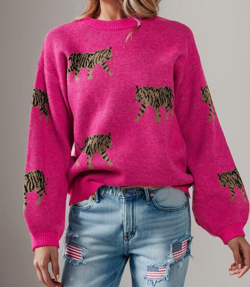 Tiger Pattern Round Neck Drop Shoulder Sweater Hot Pink clothes Ship From Overseas Sweater sweaters Sweatshirt SYNZ