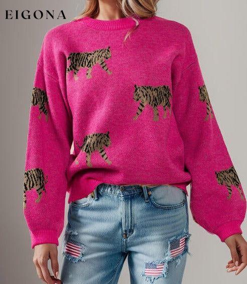 Tiger Pattern Round Neck Drop Shoulder Sweater Hot Pink clothes Ship From Overseas Sweater sweaters Sweatshirt SYNZ