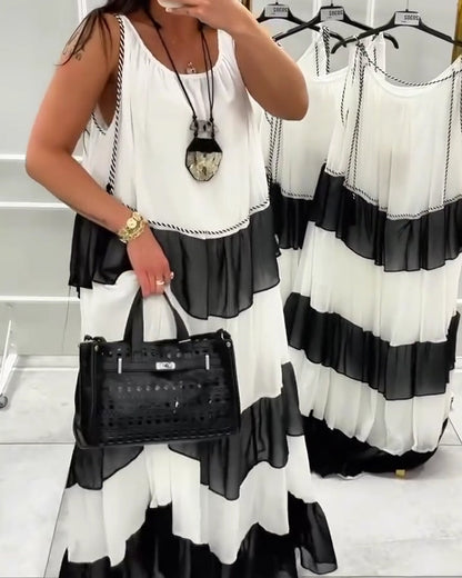 Round Neck Sleeveless Color Block Dress