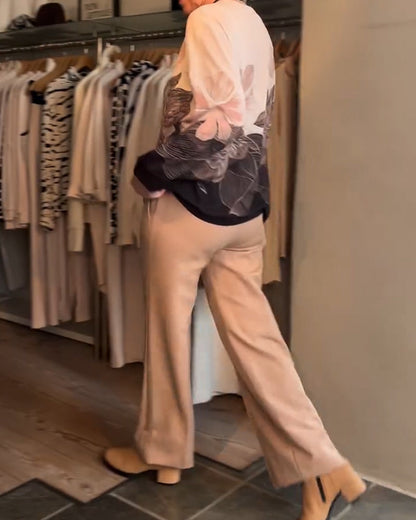 Tie-Up Long Sleeve Placement Print Blouse