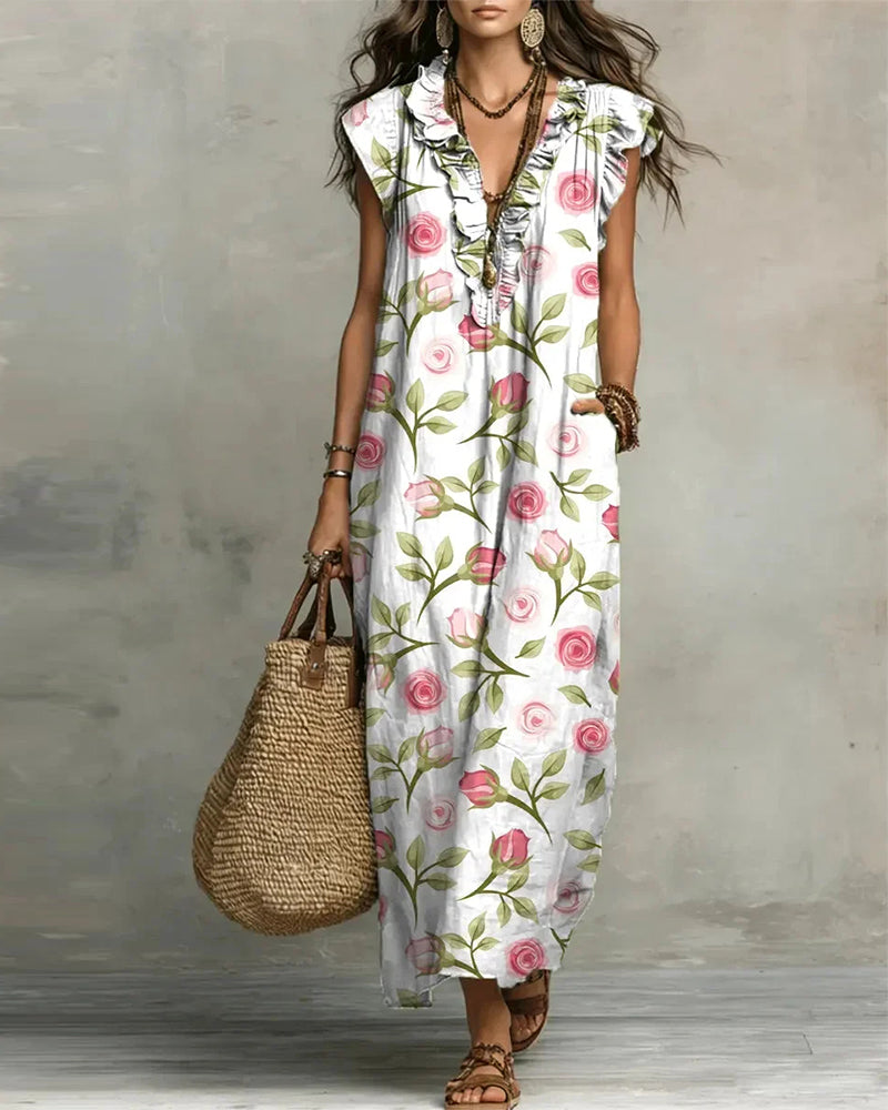Rose Print Ruffle V-Neck Dress