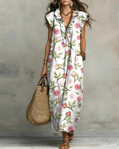 Rose Print Ruffle V-Neck Dress