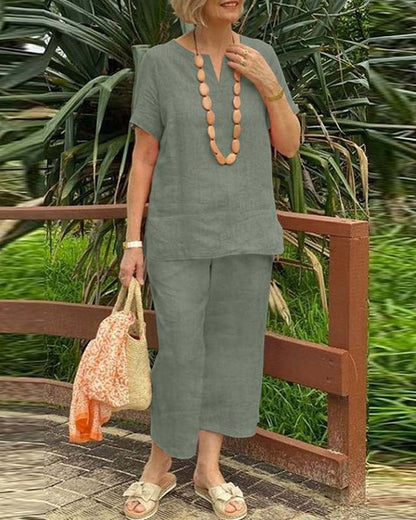 Short Sleeve Shirt Elastic Waist Cropped Pants Two-Piece Sets