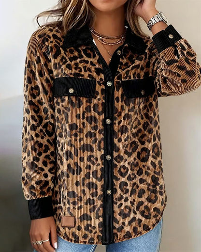 Lapel Leopard Print Corduroy Shirt
