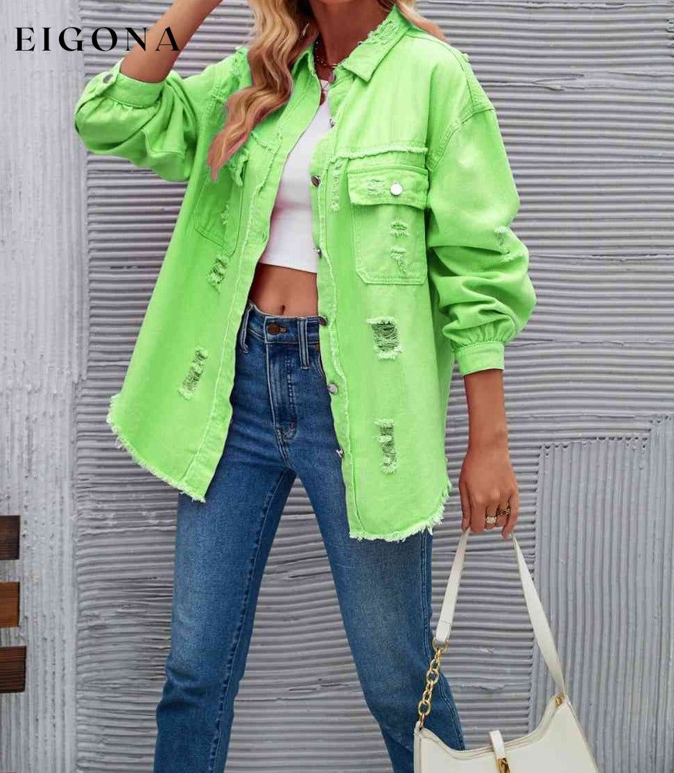 Distressed Raw Hem Denim Jacket Mint Green clothes LT&SB Ship From Overseas