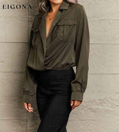 Olive Lapel Collar Long Sleeve Blouse clothes HS long sleeve shirt long sleeve shirts long sleeve top long sleeve tops Ship From Overseas shirt shirts top tops