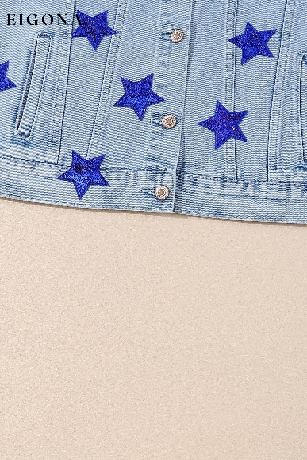 Bluing Sequin Star Flap Pocket Denim Jacket All In Stock Category Shacket clothes Color Blue Craft Sequin EDM Monthly Recomend Fabric Denim Hot picks Occasion Daily Season Fall & Autumn Style Western