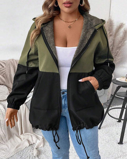 Fleece Lined Color Block Zip-Up Coat