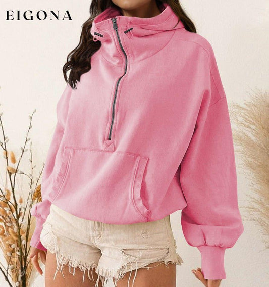 Zip-Up Dropped Shoulder Hoodie Carnation Pink clothes hoodie long sleeve MDML Ship From Overseas Shipping Delay 09/29/2023 - 10/02/2023 sweater sweaters Sweatshirt trend